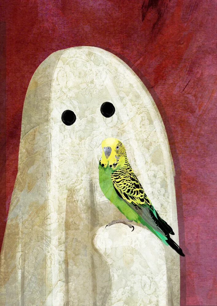 Illustration of a bird perched on a branch, in soft colors and a cheerful mood.