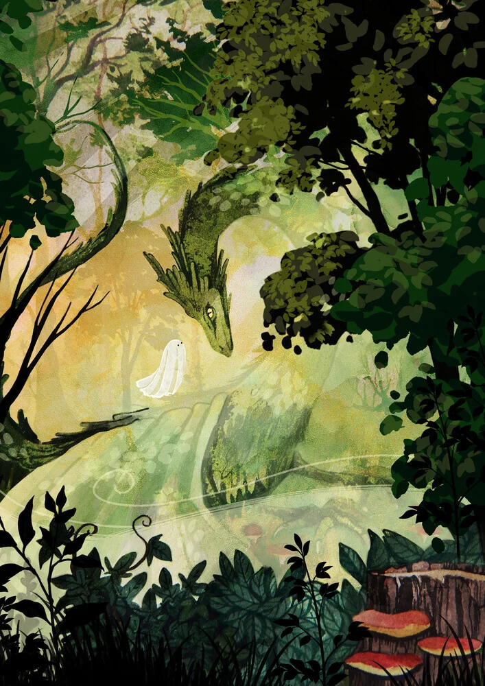 Illustration by Katherine Blower: dragon in the woods among mushrooms and leaves