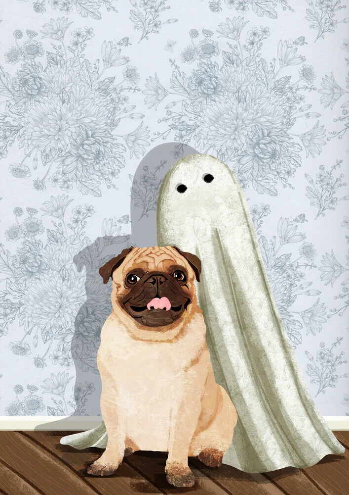 Wall art by Katherine Blower: Simple portrait of a pug with a Halloween theme