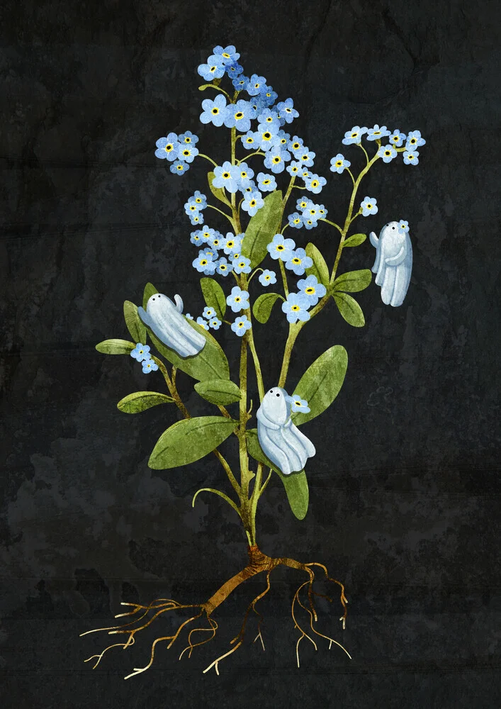 Illustration by Katherine Blower: playful ghosts surrounded by forget-me-not flowers.