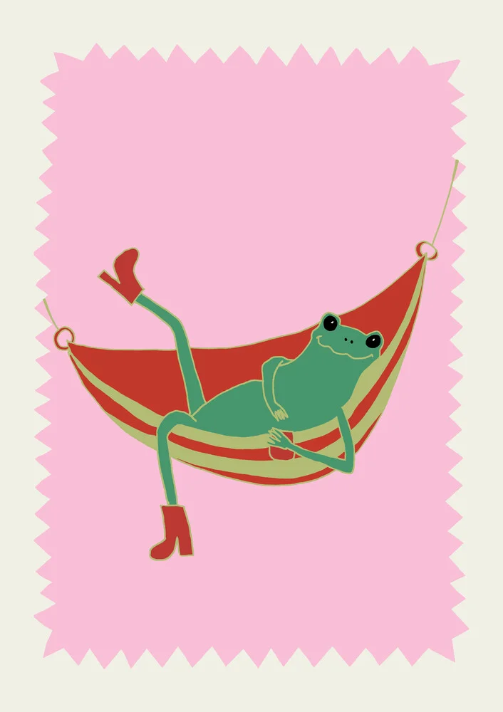Funny illustration of a frog in a hammock, creating a relaxed atmosphere.