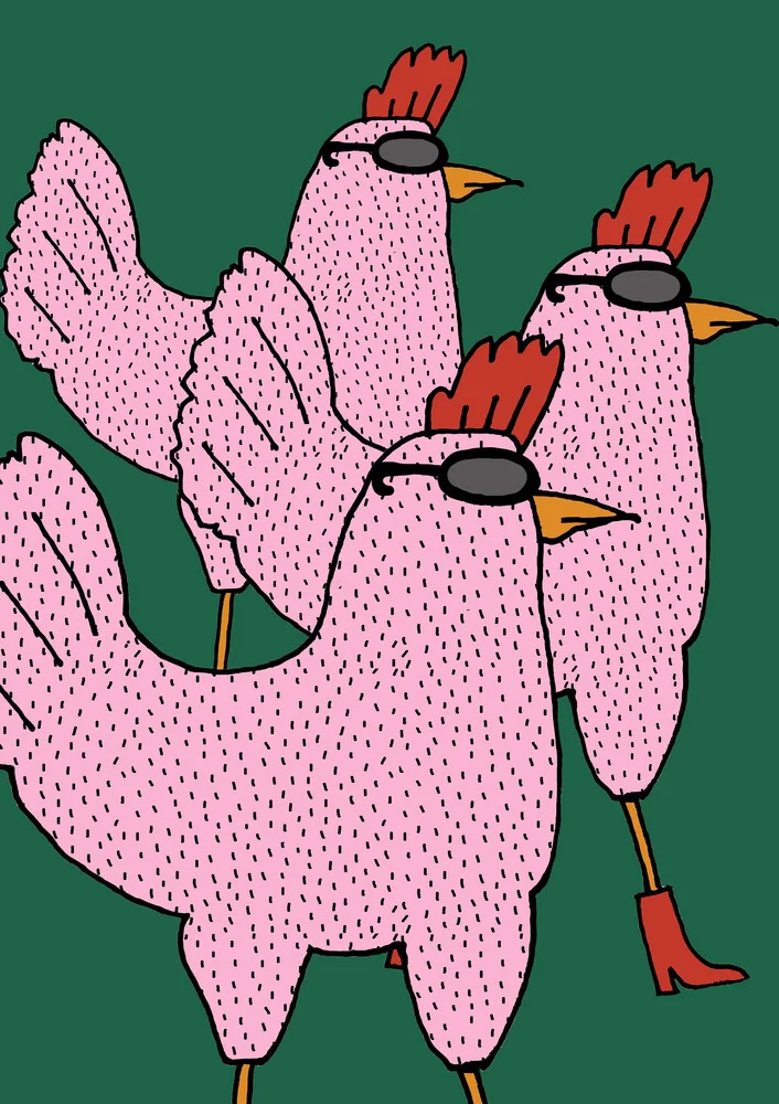Illustration by Xenia Strohmeyer: colorful chickens playfully arranged.