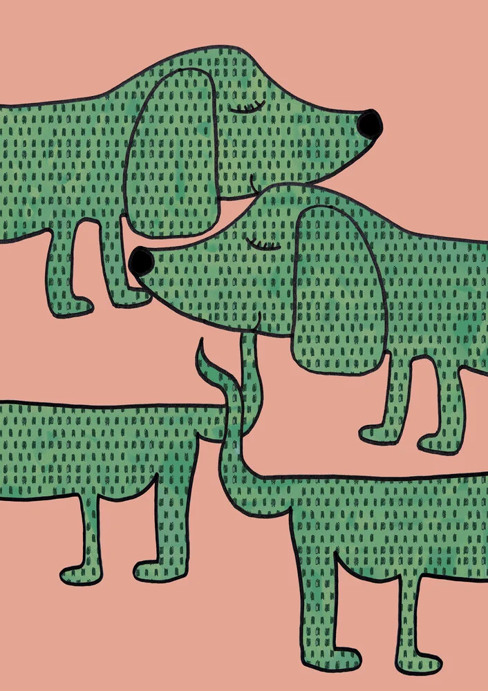 Illustration of a dachshund being hugged, friendly and playful.