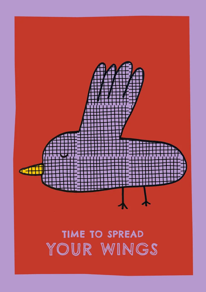 Colorful illustration of a bird with a motivational quote by Xenia Strohmeyer.