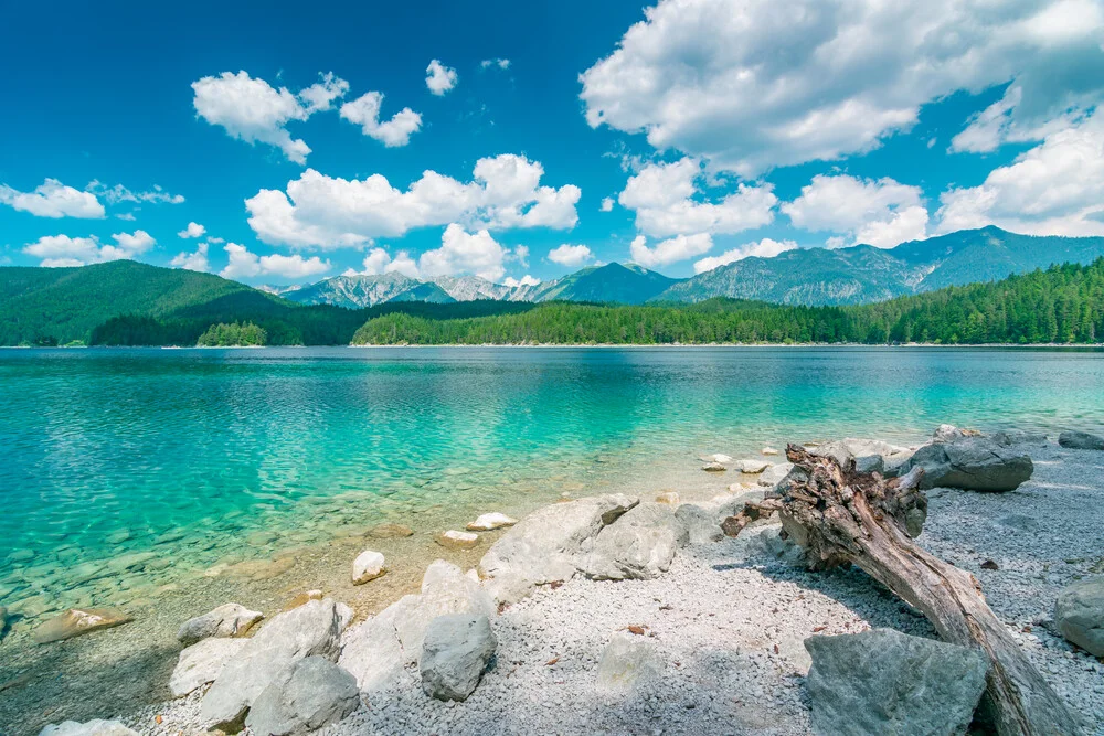 Photo art by Martin Wasilewski: calm summer day at Lake Eibsee with mountains in the background.