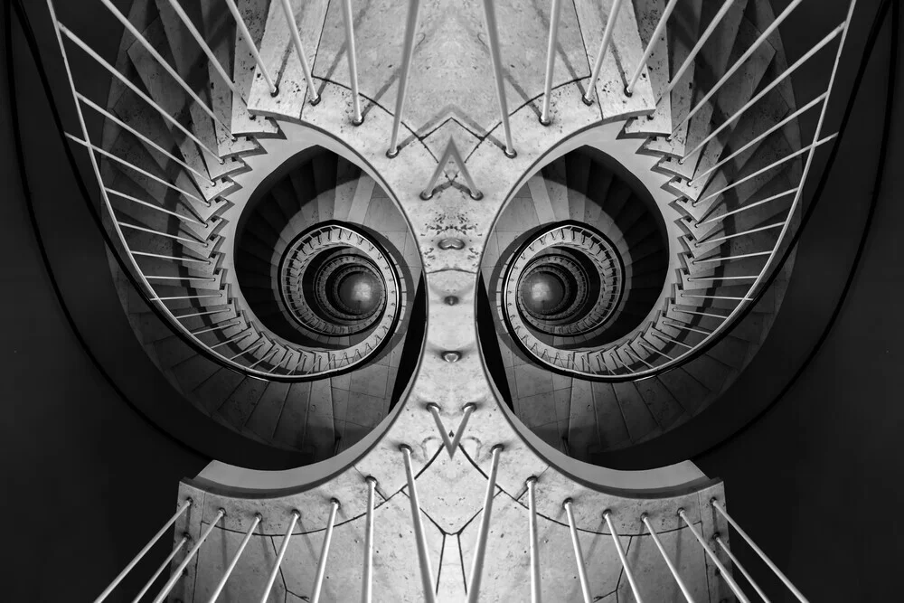 Photo art: Staircase resembling a face, captured in soft shades of gray.
