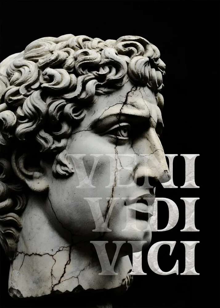 Wall art by Daniel Leo: humorous illustration of Julius Caesar with a quote.