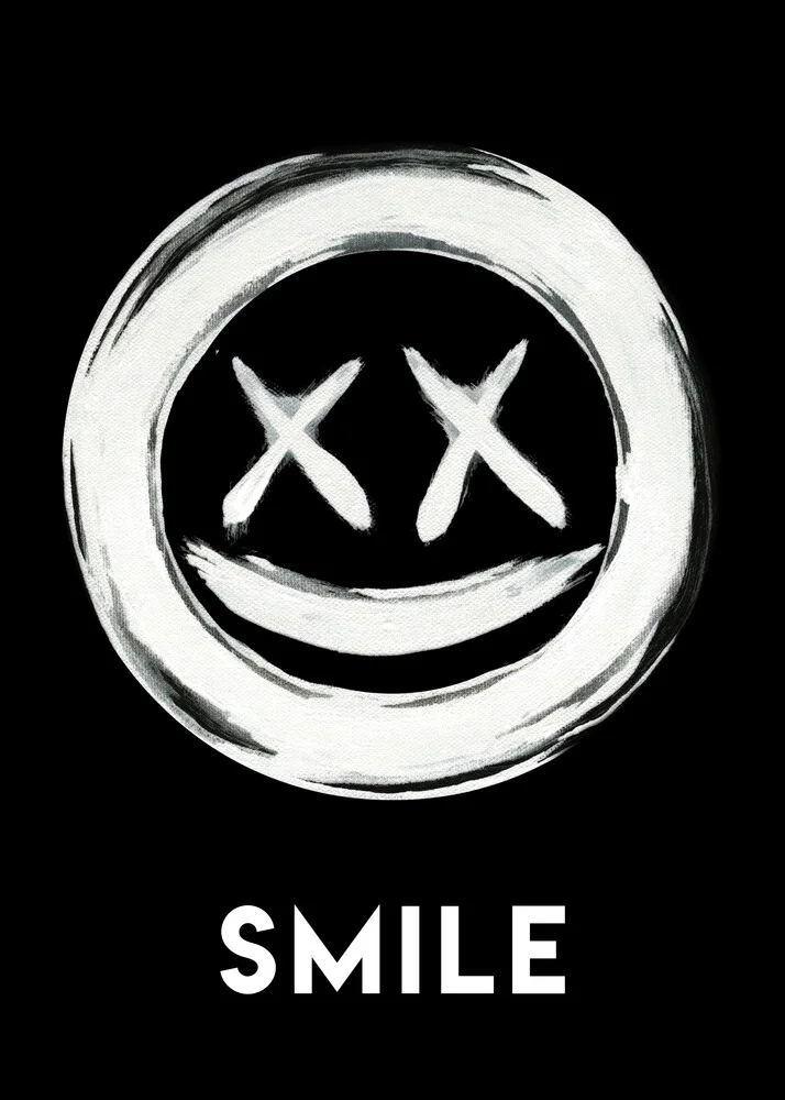 Wall art featuring an inverted smiling face, creating a cheerful atmosphere.
