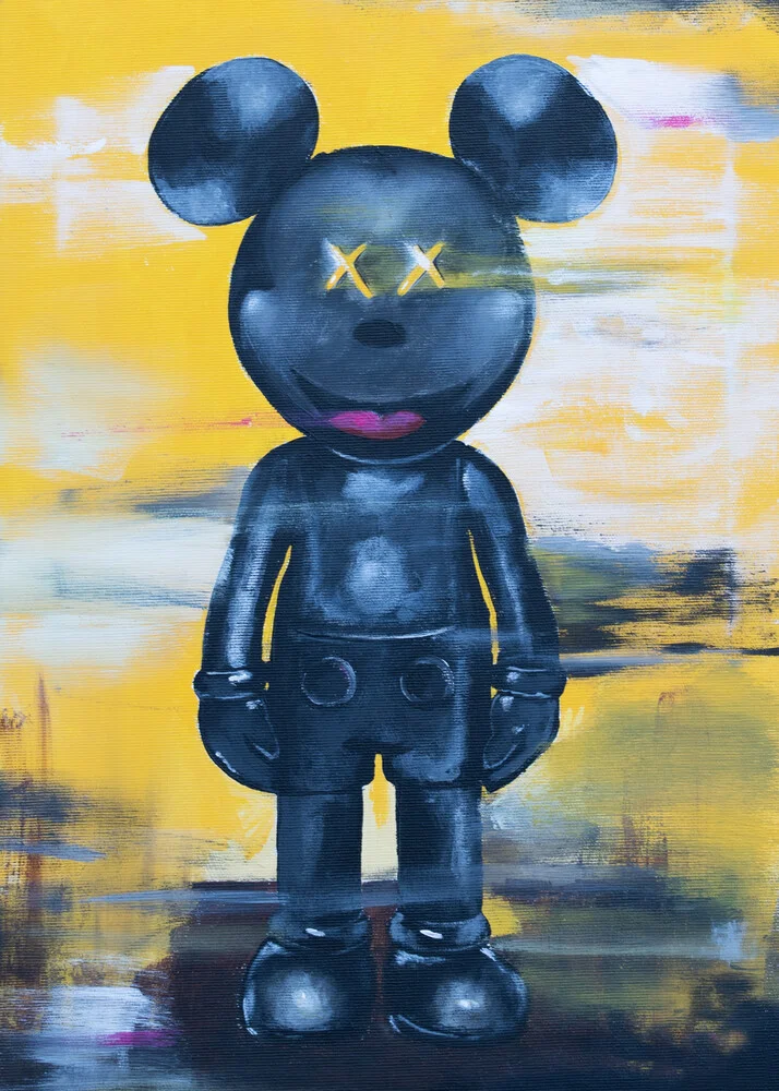 Wall art featuring a playful illustration of a Kaws-like character in yellow