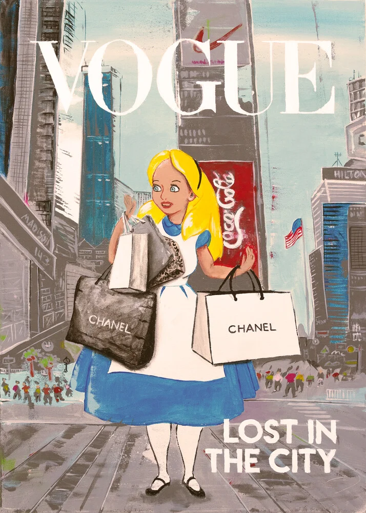 Wall art featuring a humorous illustration of a lost figure in a lively city.