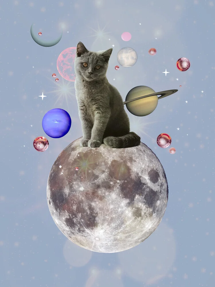  ShowMeMars, Cosmic Cat on the Moon - Surreal Space Collage Fine Art Print - Poland, Europe