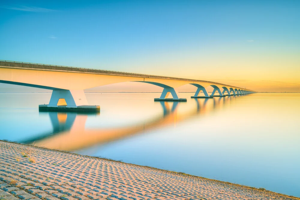 Photo art by Michael Valjak: Zeeland Bridge in warm morning light