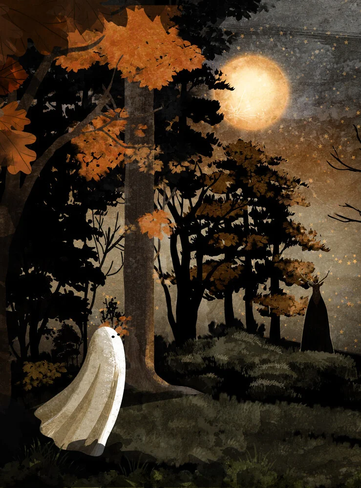 Wall art by Katherine Blower: mystical moonlit landscape in an autumn forest