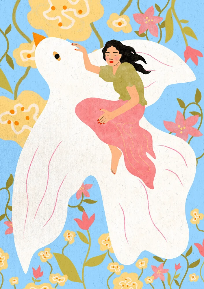 Illustration by Lemon Fee: dreamy portrait of a colorful bird surrounded by flowers