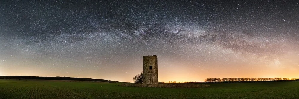 Milky way Panorama with old watch tower - Fineart photography by Oliver Henze
