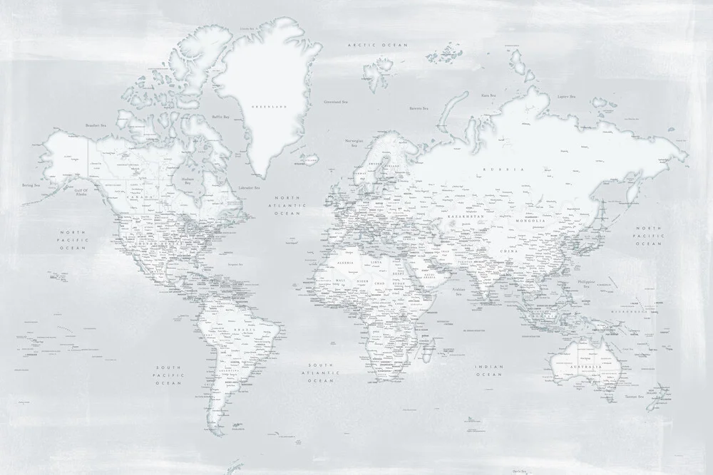 Detailgetreue Weltkarte mit Städtenamen in kühlem weiß-grau - fotokunst von Rosana Laiz García