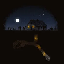 Illustration by Florent Bodart: night scene featuring a moon and tunnel motif