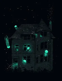 Illustration of a house under a starry night sky, evoking warmth and comfort.