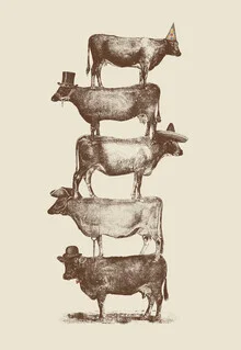Illustration by Florent Bodart: playful cows wearing hats in a vintage style