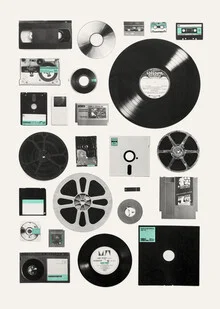 Illustration by Florent Bodart: stylized tapes and vinyl records in vibrant colors