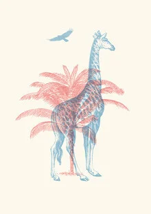 Illustration of a giraffe with palm trees in the background, friendly and colorful.