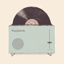 Wall art by Florent Bodart: playful illustration of a toaster and a vinyl record