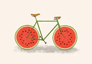 Illustration of a bicycle featuring watermelon designs in cheerful colors.