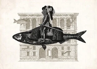 Surreal illustration by Florent Bodart: fish and knight in a harmonious composition