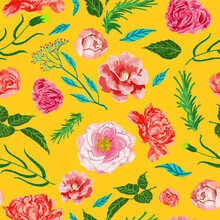 Wall art by Uma Gokhale: colorful pattern featuring tropical flowers in summer style