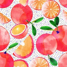 Buntes Wandbild mit einer Auswahl an Zitrusfrüchten im Aquarellstil.