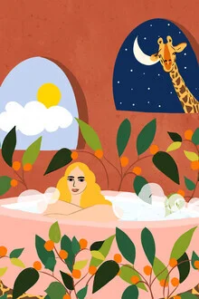 Illustration by Uma Gokhale: Woman in a bathtub surrounded by plants and a giraffe