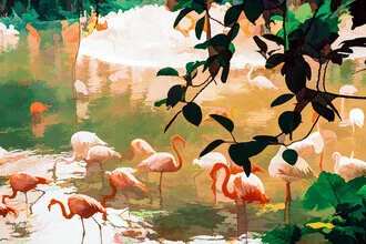Illustration by Uma Gokhale: Flamingos by a calm water body in the jungle