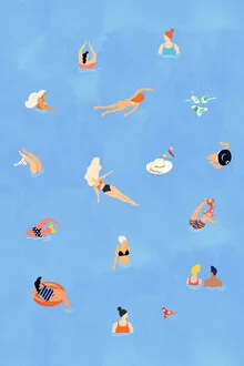 Wall art featuring vibrant colors and happy people swimming at the beach