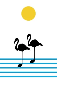 Wall art by Atelier Posters: a flamingo enjoying the gentle sounds of morning
