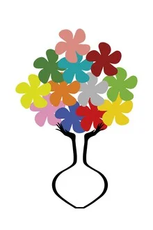 Illustration by Atelier Posters: Hands holding a colorful bouquet in a stylish design.