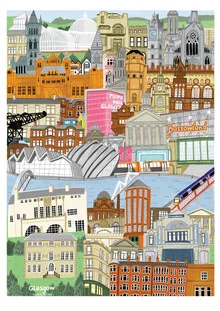 Illustration of a Glasgow map featuring colorful neighborhoods and flowing lines.