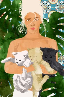 Wall art by Uma Gokhale: colorful summer illustration of a woman with a monstera plant