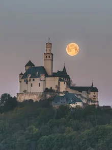 Photo art by Philipp Heigel: Moonrise above Marksburg in Germany