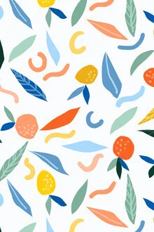 Illustration by Uma Gokhale: vibrant abstract design featuring fruits and leaves