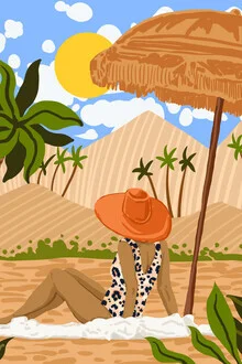 Illustration of a woman in summer fashion under palm trees in Egypt.