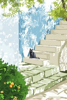 Wall art by Uma Gokhale: colorful illustration of a relaxed cat among plants