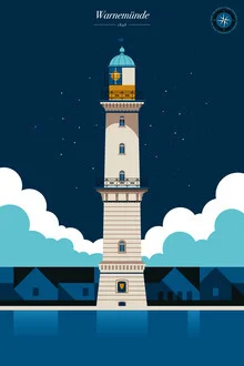 Illustration of a lighthouse in Warnemünde, soft style and inviting colors.