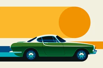 Wall art of a green vintage sports car against a soft background.