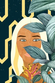 Illustration by Uma Gokhale: colorful depiction of a woman in a tropical space.