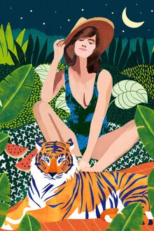Illustration of a woman in the jungle with a tiger and colorful fruits, relaxed mood.