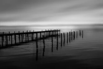 Photo art by Lena Weisbek: calm view of a lake harbour in black and white