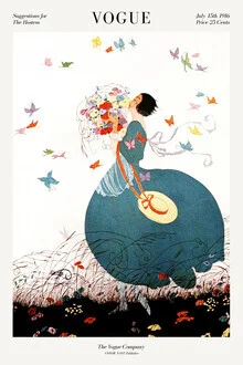 Illustration of a woman in vintage style, surrounded by colorful butterflies and flowers.