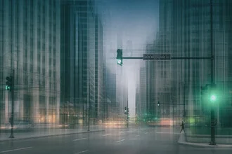 Photo art by Roswitha Schleicher-Schwarz: green wave over a city street in Chicago.