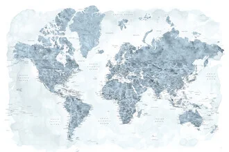 Wall art featuring a detailed world map in steel gray watercolor style.