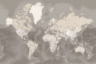 Detailed world map illustration in brown featuring the ocean floor